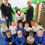 Anne Canning and Cllr Christine Cross, Warwick Mayor with children from Newburgh and their Guy Fawkes. 